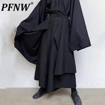 PFNW Vīriešu Plaša Kāju Bikses Cietas Stīgas Streetwear Elastīgs Viduklis 2023 Modes Nelegālo Svārki Brīvs Vīrietis Panku Bikses 12A2862 Attēls