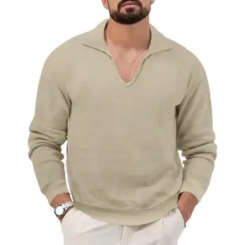 Vīrieši Vafeļu Modelis T-krekls Stilīgs Vīriešu Atloks, V-veida kakla Džemperis Slim Fit ar garām Piedurknēm Vafeļu Faktūru Tee Krekls Rudens Ziemas Attēls