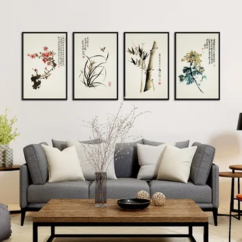 Ķīniešu Vēja Plūmju Bambusa Orhideju Un Krizantēmas Glezniecības Mākslas Glezniecības Mēbeles, Dīvāns Fonā Sienas Gleznojums, Bezrāmju Attēls