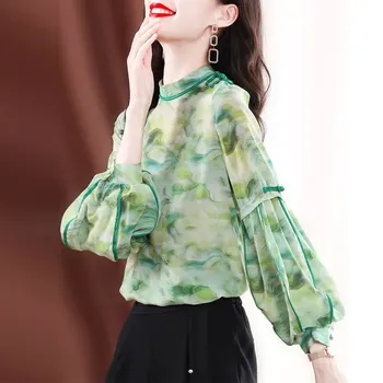 Aizstāt Vintage Tintes Glezna Krekls Pavasara Rudens Ķīnas Disku Sprādzes Stilīgs Spilgti Līnijas Apdare Sieviešu Stand Apkakli Blūze Attēls