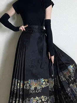 Ķīniešu Stilā Tradicionālo Kroku Svārki Sievietēm Black Mamianqun Hanfu Plānas Modes Visu maču DIY Mežģīnes-up Gari Svārki Womenwear Attēls