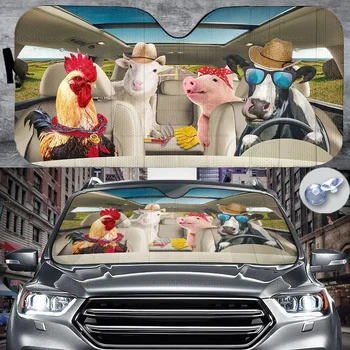 Vistas Cūku Govs & Aitu Fermas Dzīvniekiem Automašīnas Vējstikla Saules Ēnā Attēls