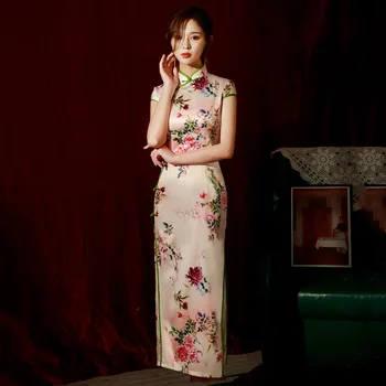 Eleganta Vasaras Rozā Cheongsam Cienīgu Catwalk Retro Modes Qipao Ķīniešu Tradicionālā Stilā, Vakara, Kāzu Kleitu Sievietēm Attēls