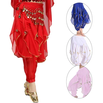 Sieviešu Vēdera Deju Harēma Bikses Kostīmu Monētas, Laternas Bikses ar Zelta Apdari arābu Halloween Bikses Prakses Šifona Bloomers Attēls