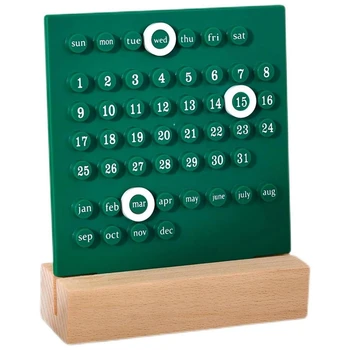 Koka Galda Kalendārs Perpetual Kalendārs Retro Mājas Unikālas Dāvanas,Mēneša Datuma Displejs, Galda Rotājumi Biroja Izturīgs Zaļa Attēls