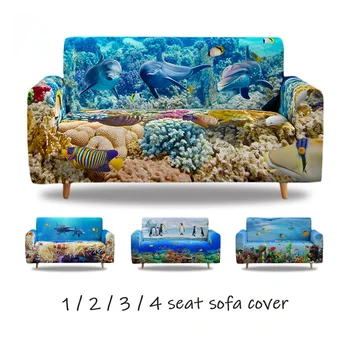 Ocean Park 3D Drukas Delfīnu Sofa Cover Stiept Slipcovers Frekvencēs Elastīgs Dīvāns Segums Dzīvojamās Istabas Dīvāna Pārsegs 1/2/3/4 Sēdeklis Attēls
