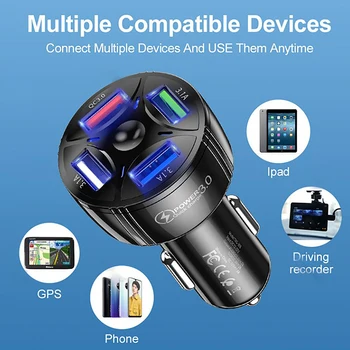 4port Auto Lādētājs USB C Tipa Ātrās Uzlādes QC 3.0 Tālruņa Lādētāju un Adapteri IPhone, Huawei, Samsung Auto Piederumi Attēls