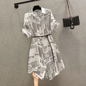 Korejas Sieviešu Apģērbs Elegants Zaudēt Mini Svārki Savukārt Apkakle Vienkāršība Pogu Vēstuli Vasaras Plānas Drukāšanas Kleitas P62 Attēls