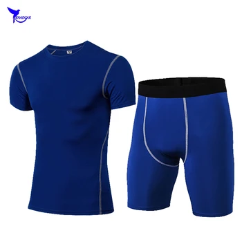 2019 Crossfit Īsām Piedurknēm T+Šorti 2GAB Darbojas Komplekts Vīriešiem Kompresijas Dry Fit Mācību Sporta Zeķes Skriešanas Sporta Tērps Attēls