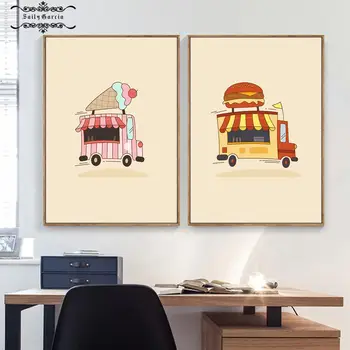 1gb Karikatūra Hamburger Hot Dog, Saldējumu Auto Sienas Mākslas Audekls Iespiešana Ziemeļvalstu Plakāti un Izdrukas, Bildes, Meitenes Istaba Pārtikas Kravas Attēls