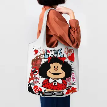 Mīlestība Un Mafalda Ieskauj Sirdis Iepirkšanās Tote Soma Quino Manga Multfilma Pārtikas Preces, Audekls Pleca Shopper Soma, Somas Attēls