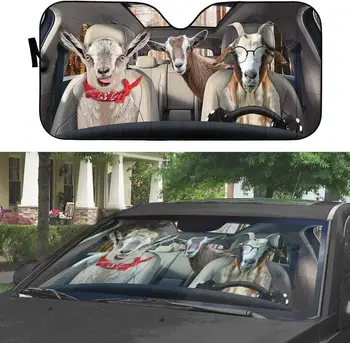 Kazu funny dzīvnieku uz riteņiem kreisajā braukšanas automašīnas vizieris, smieklīgi kazu ģimenes valkājot brilles braukšanas automašīnas vizieris vējstikla sejsegu Attēls