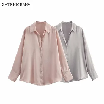 ZATRHMBM 2023 Sieviešu Modes Satīna Krekls Multicolor Ikdienas Blūze Vintage garām Piedurknēm Pogas uz Augšu Sieviešu Krekli Blusas Šiks Topi Attēls